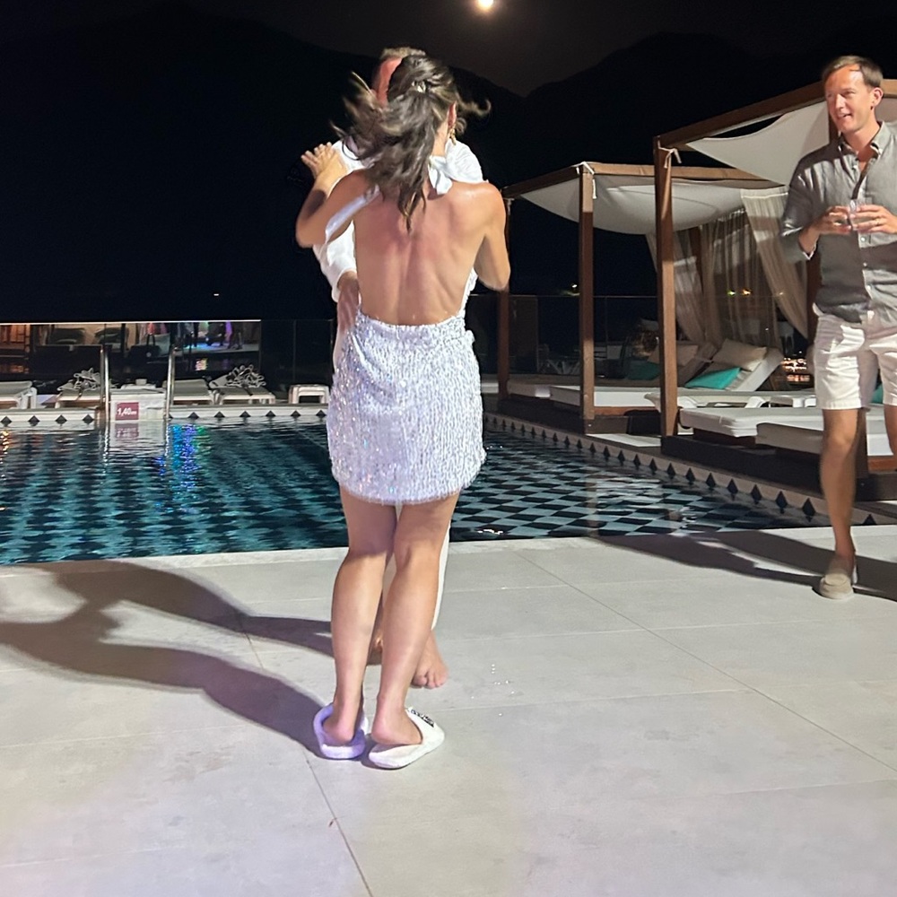 Backless White & Silver Sequin Halter Dress - image 6